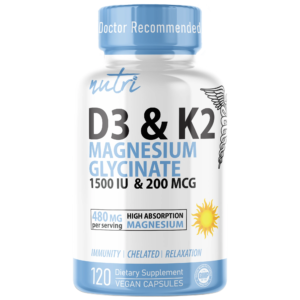 Nutri D3 & K2 Magnesium Glycinate (High Absorption) 480 mg – 120 Count