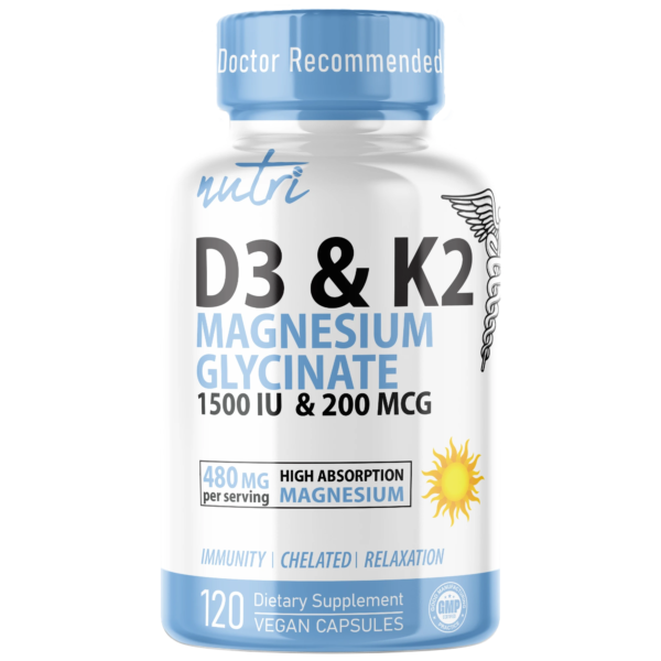Nutri D3 & K2 Magnesium Glycinate (High Absorption) 480 mg – 120 Count