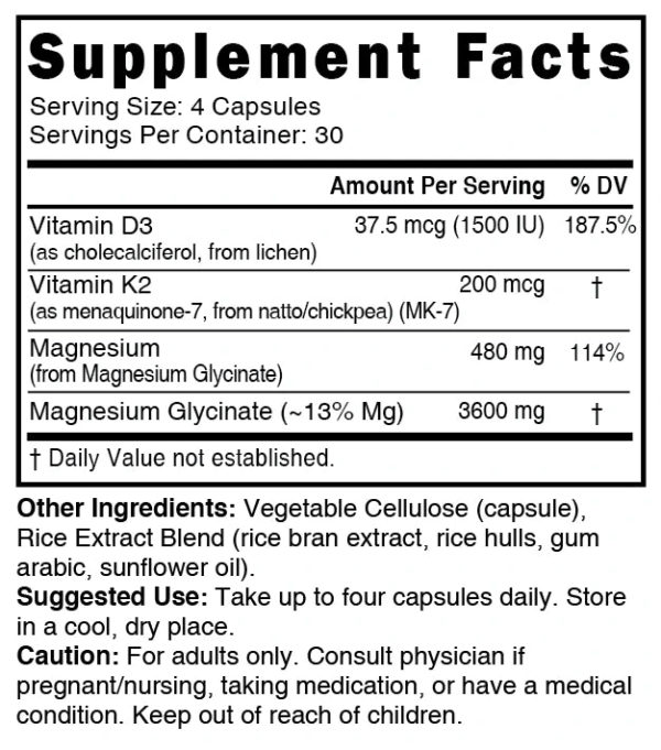 Nutri D3 & K2 Magnesium Glycinate (High Absorption) 480 mg – 120 Count