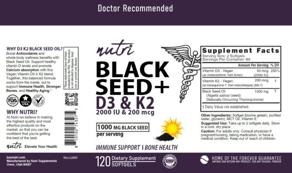 Nutri D3 & K2 Black Seed Oil 1000 mg Softgels – 120 Count