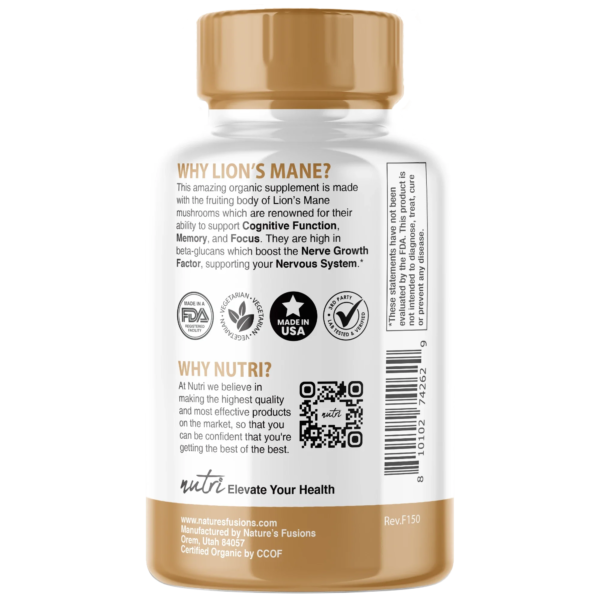 Nutri Lion’s Mane Extract 1900 mg – 120 Count – Organic