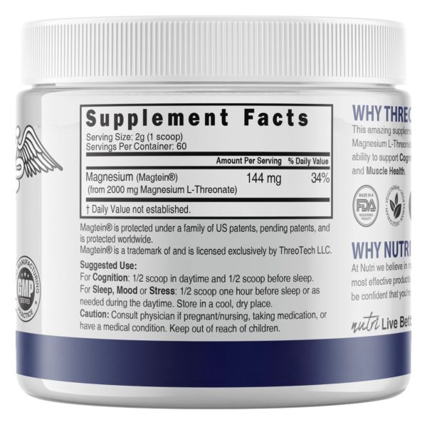 Nutri Magtein Magnesium L-Threonate 2000 mg Unflavored Powder – 120 g Tub