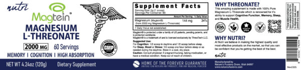Nutri Magtein Magnesium L-Threonate 2000 mg Unflavored Powder – 120 g Tub