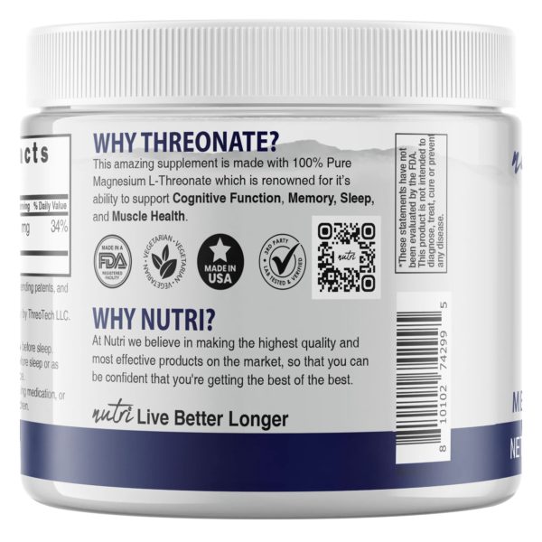 Nutri Magtein Magnesium L-Threonate 2000 mg Unflavored Powder – 120 g Tub