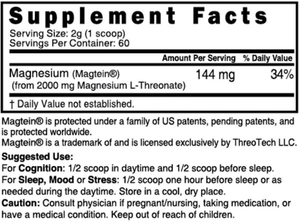 Nutri Magtein Magnesium L-Threonate 2000 mg Unflavored Powder – 120 g Tub