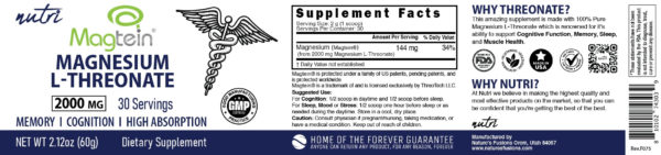 Nutri Magtein Magnesium L-Threonate 2000 mg Unflavored Powder – 60 g Tub