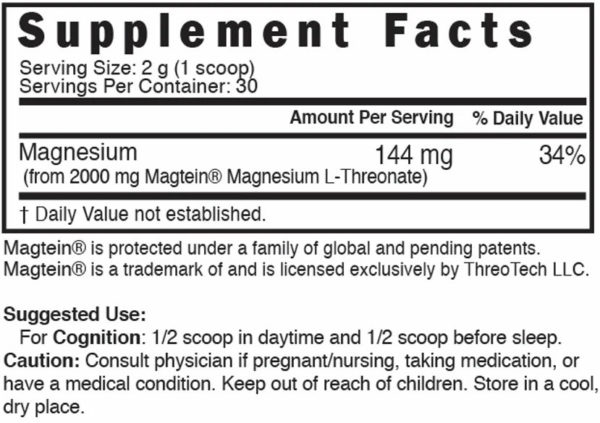 Nutri Magtein Magnesium L-Threonate 2000 mg Unflavored Powder – 60 g Tub