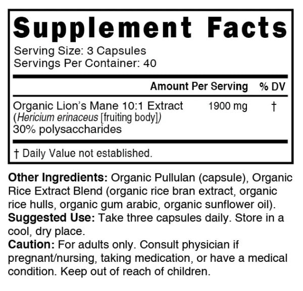 Nutri Lion’s Mane Extract 1900 mg – 120 Count – Organic