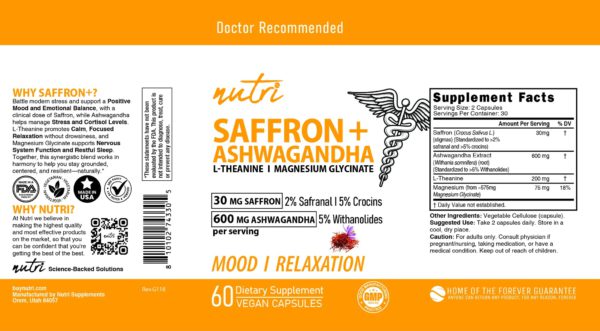 Nutri Saffron + Ashwagandha Complex with L-Theanine & Magnesium Glycinate – 60 Count