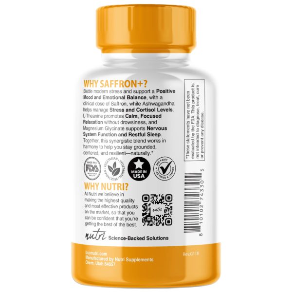 Nutri Saffron + Ashwagandha Complex with L-Theanine & Magnesium Glycinate – 60 Count