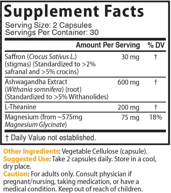 Nutri Saffron + Ashwagandha Complex with L-Theanine & Magnesium Glycinate – 60 Count