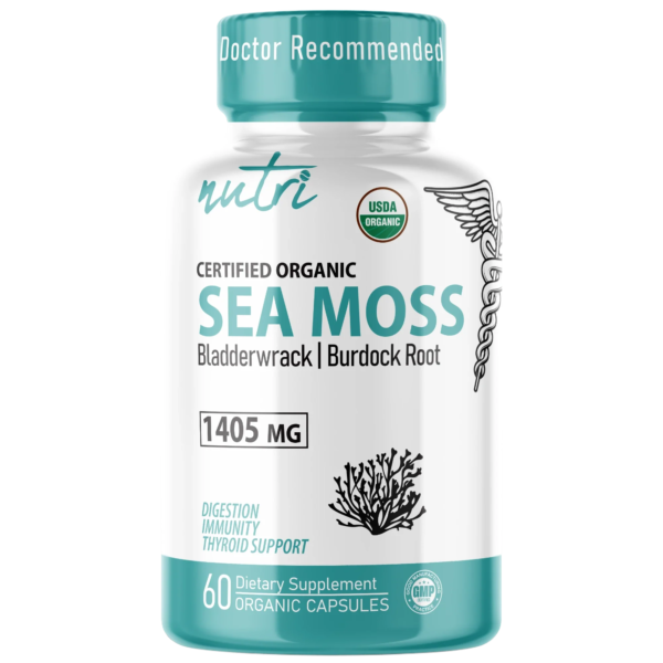 Nutri Sea Moss with Bladderwrack, Burdock & Black Pepper 1405 mg – 60 Count – Organic