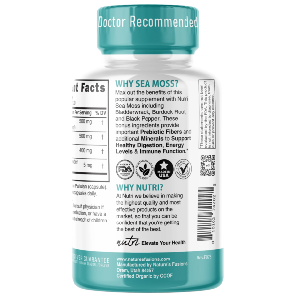 Nutri Sea Moss with Bladderwrack, Burdock & Black Pepper 1405 mg – 60 Count – Organic